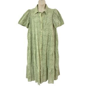 Happy Threads Sage Green Short Sleeve Eyelet Maxi Dress Button Front Size XXL
